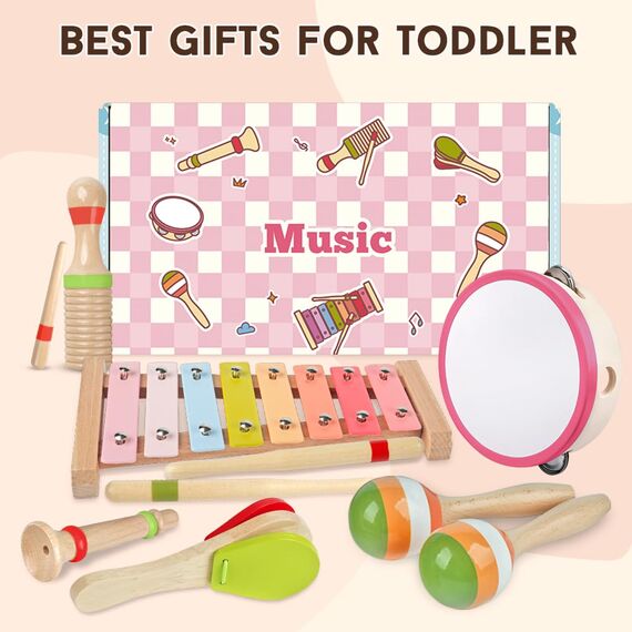 Musikinstrumente für Mädchen–Montessori-Holzspielzeuge für Kleinkinder 1-3 Jahre, Schlagzeug-Set mit Xylophon, Vorschulspielzeug ab 3 Jahren, Weihnachts- & Geburtstagsges. für 1-3-jährige Mädchen