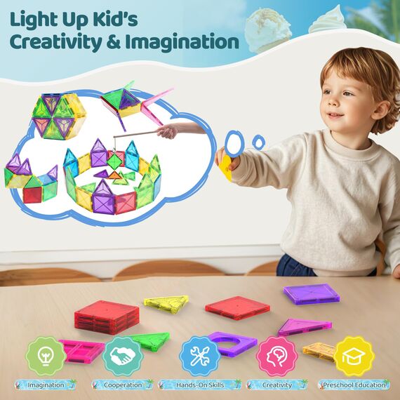 Crenova Magnetic Tiles Kids Toys, Magnetic Blocks Building Toys, Construction STEM Sensory Toy for Toddler Ages 4-8, Preschool Learning Educational Game for Boys Girls Aged 3