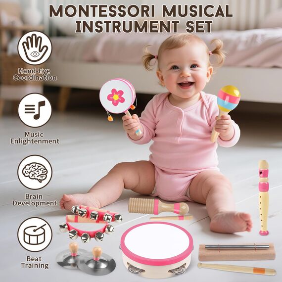 Musikinstrumente für Kleinkinder 1 2 3-jährige Mädchen, Baby Montessori Holzspielzeug für Kinder von 1-3 Jahren, Musikinstrumente für Vorschulalter, Weihnachts/Geburtstagsgeschenk für Baby Mädchen