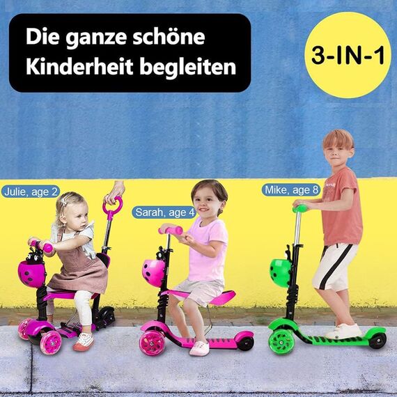 YOLEO 5-in-1 Kinder Roller Scooter mit Abnehmbarer Karikaturkorb Sitz Schubstange Große Räder Bequeme Rückenlehne Höheverstellbare Lenker für Kleinkinder Jungen Mädchen ab 2 Jahre (Rosa)