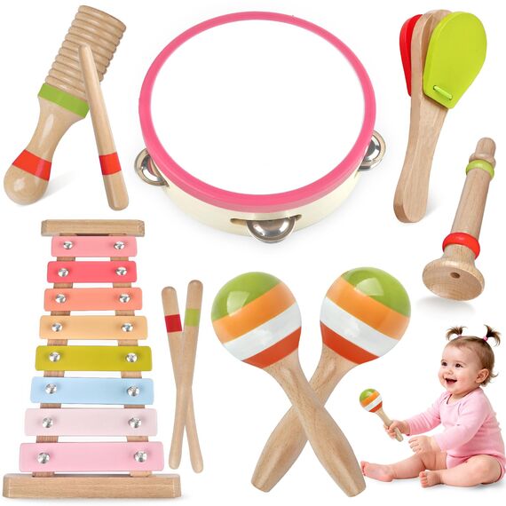 Musikinstrumente für Mädchen–Montessori-Holzspielzeuge für Kleinkinder 1-3 Jahre, Schlagzeug-Set mit Xylophon, Vorschulspielzeug ab 3 Jahren, Weihnachts- & Geburtstagsges. für 1-3-jährige Mädchen