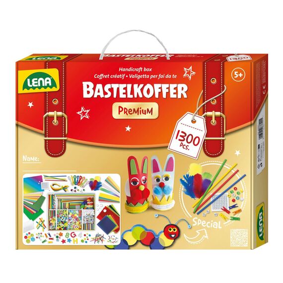 Lena 42663 Premium XXL Bastelkoffer mit 1300 Teile, Material zum Basteln, mit Moosgummi, Buntpapier, Perlen, Blumen, Pompon, Bänder, Knöpfe, Kulleraugen und vielem mehr, für Kinder ab 5 Jahre, Mittel