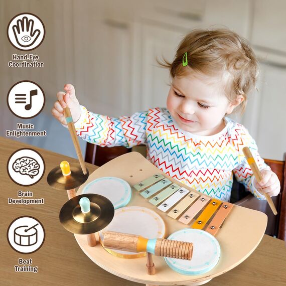 Kleinkind-Schlagzeugset für 1-jährige Jungen und Mädchen, Baby-Schlagzeug mit Xylophon für Kleinkinder von 1 bis 3 Jahren, Musikinstrumente,Geschenke für das Alter von 1, 2, 3+ (Neutral)