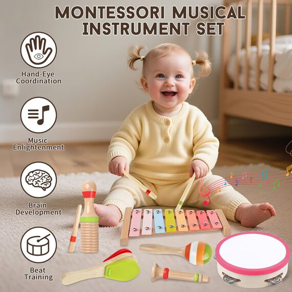 Musikinstrumente für Mädchen–Montessori-Holzspielzeuge für Kleinkinder 1-3 Jahre, Schlagzeug-Set mit Xylophon, Vorschulspielzeug ab 3 Jahren, Weihnachts- & Geburtstagsges. für 1-3-jährige Mädchen