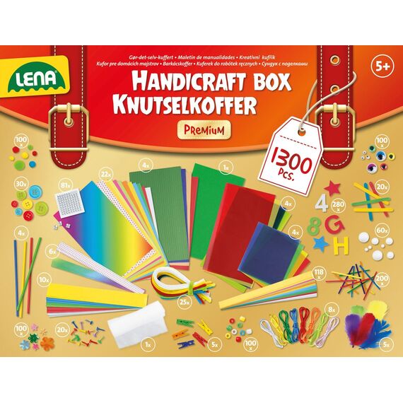 Lena 42663 Premium XXL Bastelkoffer mit 1300 Teile, Material zum Basteln, mit Moosgummi, Buntpapier, Perlen, Blumen, Pompon, Bänder, Knöpfe, Kulleraugen und vielem mehr, für Kinder ab 5 Jahre, Mittel