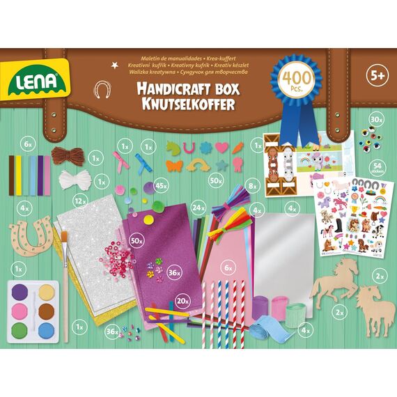 Lena Premium Bastelkoffer Pferde - Bastelset mit 400 Teilen für kreative Projekte, inkl. Moosgummi, Buntpapier, Perlen, Federn, Knöpfe, Straßsteine, uvm., Mädchen Geschenk für Kinder ab 5 Jahren