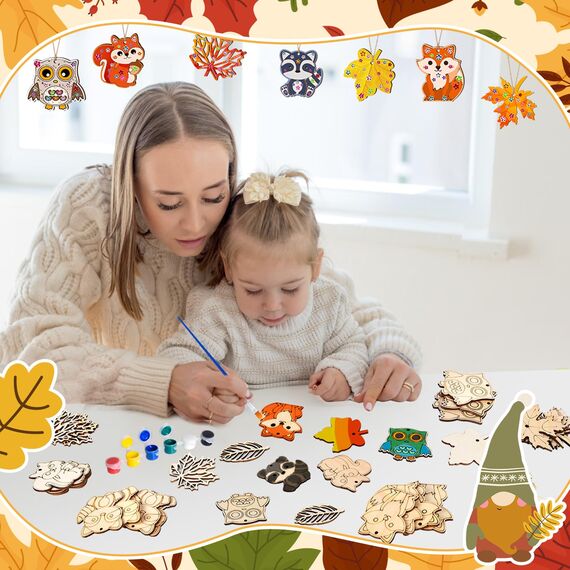 Aragallant 40STK Herbst Basteln fur Kinder, Holz Bastelset Herbst, Mit 4 Stilen Herbst Blätter Deko und Tier Deko, DIY Holz Fensterbilder Basteln für Kinder, Geschenke für Mädchen Jungen Kleinkinder