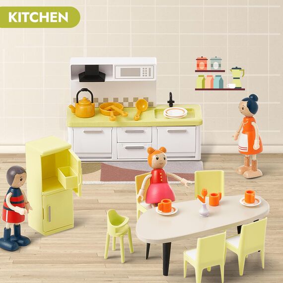 Giant bean Puppenhaus Möbel Holz Set, 85pcs Modernes Puppenhaus mit 6 Zimmern, Puppen Zubehör Spielzeug für Jungen, Mädchen und Kleinkinder 3+ Jahren