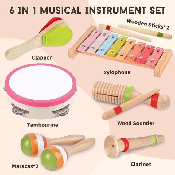 Musikinstrumente für Mädchen–Montessori-Holzspielzeuge für Kleinkinder 1-3 Jahre, Schlagzeug-Set mit Xylophon, Vorschulspielzeug ab 3 Jahren, Weihnachts- & Geburtstagsges. für 1-3-jährige Mädchen