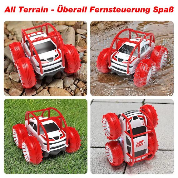 MaxTronic Direktladung Ferngesteuertes Auto mit LED Licht, Amphibien Wasserdichter RC Stunt Auto 360° Flips, 4WD 15KM/H Offroad 2.4G Monste Truck Spielzeug Mädche Jungen für Kinder ab 3 Jahren