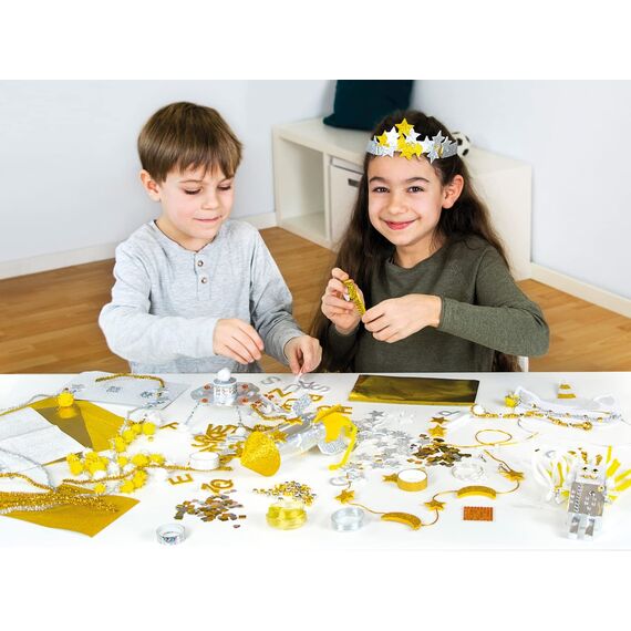 Lena 42666 - Premium Bastelkoffer Gold und Silber mit 1500 Teile, Bastelmaterial mit Glitzer-Moosgummi, Metallic-Papier, Perlen, Edelsteine, Blattgold, Pompon und mehr, für Kinder ab 5 Jahre, Mittel