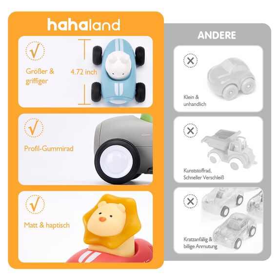 Hahaland Baby 3 Stück Spielzeugautos Set,Push & Go Auto Spielzeug mit Musik und Licht für 1 2 3 jährige Jungen Mädchen Kleinkinder,Dinosaurier,Löwen,Kaninchen,Geschenk für Kinder ab 12 18 Monate