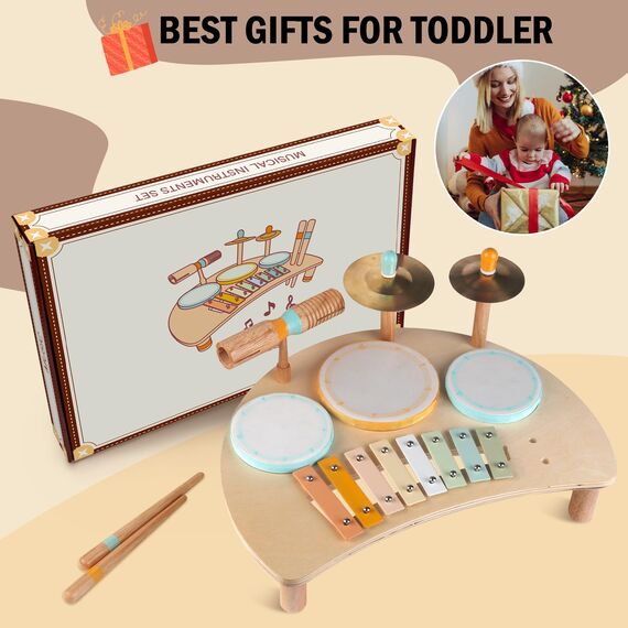 Kleinkind-Schlagzeugset für 1-jährige Jungen und Mädchen, Baby-Schlagzeug mit Xylophon für Kleinkinder von 1 bis 3 Jahren, Musikinstrumente,Geschenke für das Alter von 1, 2, 3+ (Neutral)