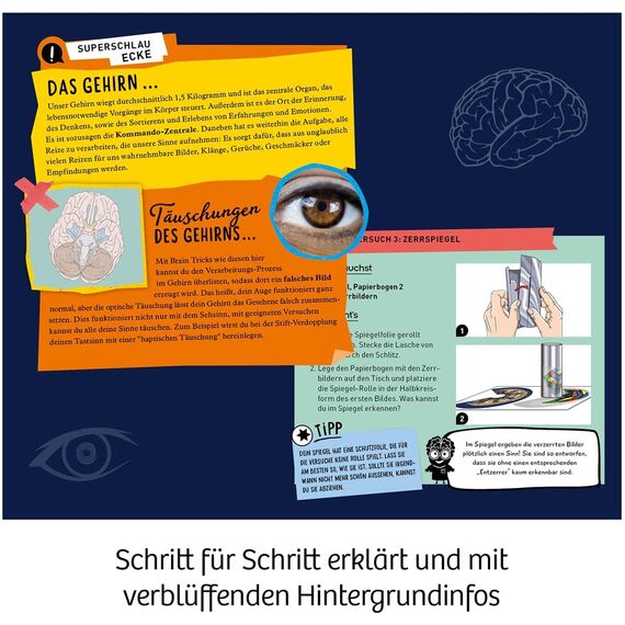 KOSMOS 654252 Fun Science - Brain Tricks, Verblüffende Experimente mit optischen Täuschungen und Illusionen, u. a. mit 3D-Brille, Sphericon, Schiefer Raum, Experimentier-Set für Kinder ab 8-12 Jahre