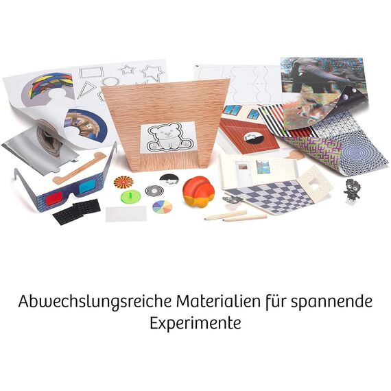 KOSMOS 654252 Fun Science - Brain Tricks, Verblüffende Experimente mit optischen Täuschungen und Illusionen, u. a. mit 3D-Brille, Sphericon, Schiefer Raum, Experimentier-Set für Kinder ab 8-12 Jahre