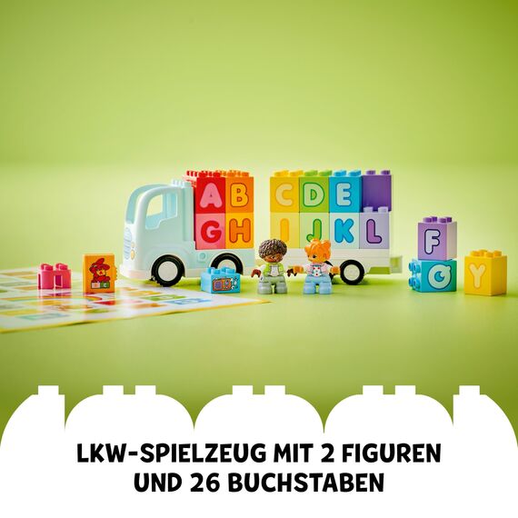 LEGO DUPLO Town ABC-Lastwagen, Lernspielzeug für Kleinkinder ab 2 Jahren, ABC-LKW-Spielzeug mit Anhänger und Buchstaben-Steinen, plus Figuren eines Jungen und eines Mädchens, Geschenk für Kinder 10421