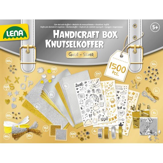 Lena 42666 - Premium Bastelkoffer Gold und Silber mit 1500 Teile, Bastelmaterial mit Glitzer-Moosgummi, Metallic-Papier, Perlen, Edelsteine, Blattgold, Pompon und mehr, für Kinder ab 5 Jahre, Mittel