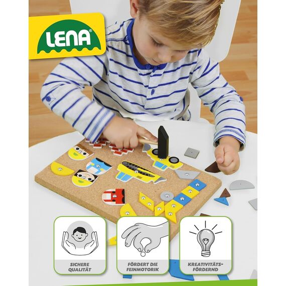 Lena 65828 Hammerspiel, Nagelspiel mit 64 bunten 8 Baustellen Teilen, Grundplatte aus Kork ca. 28 x 19,5 cm, Hammer und Nägel, Klopfspiel für Kinder ab 3 Jahre, Hämmerchenspiel, Mehrfarbig