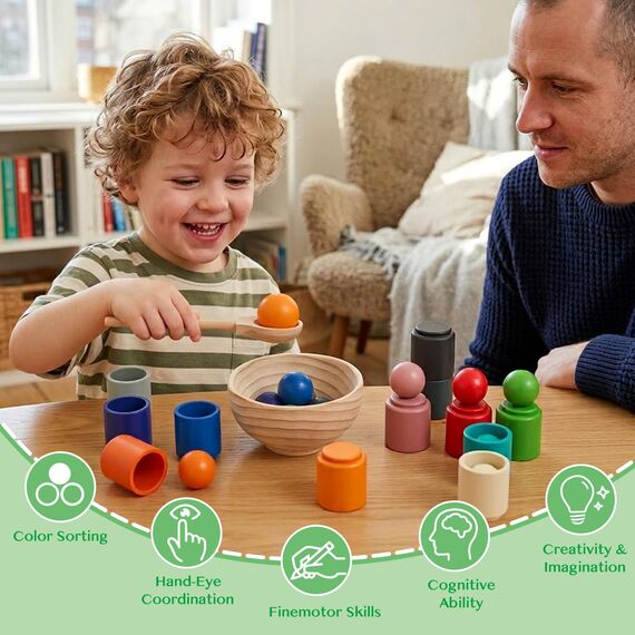 WOODENFUN Regenbogen Bälle in Tassen, Montessori Spielzeug für Kleinkinder, für 1 2 3Jahr, Vorschule, Holzspiele zum Lernen, Farbsortieren und Zählen (12-Farben)