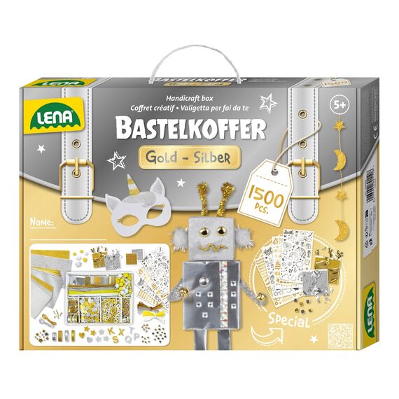Lena 42666 - Premium Bastelkoffer Gold und Silber mit 1500 Teile, Bastelmaterial mit Glitzer-Moosgummi, Metallic-Papier, Perlen, Edelsteine, Blattgold, Pompon und mehr, für Kinder ab 5 Jahre, Mittel