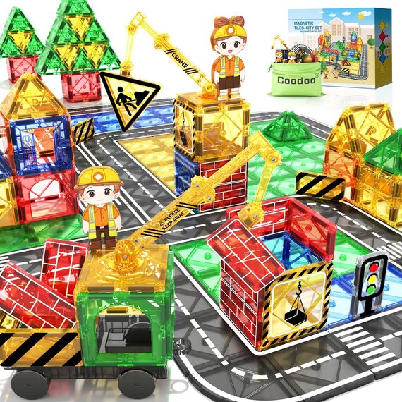 Kinderspiele Magnetische Bausteine Straßenset mit ausfahrbarem Magnetkran, Stadt Bauspielzeug für Kleinkinder Vorschulspielzeug Alter 4-6 5-7, Geschenke für Jungen Mädchen ab 3 Jahren Kinderspielzeug