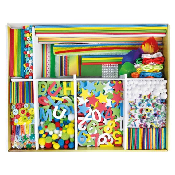 Lena 42663 Premium XXL Bastelkoffer mit 1300 Teile, Material zum Basteln, mit Moosgummi, Buntpapier, Perlen, Blumen, Pompon, Bänder, Knöpfe, Kulleraugen und vielem mehr, für Kinder ab 5 Jahre, Mittel