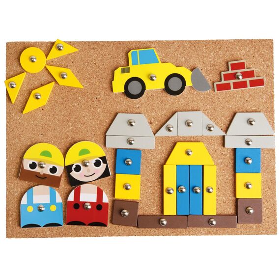 Lena 65828 Hammerspiel, Nagelspiel mit 64 bunten 8 Baustellen Teilen, Grundplatte aus Kork ca. 28 x 19,5 cm, Hammer und Nägel, Klopfspiel für Kinder ab 3 Jahre, Hämmerchenspiel, Mehrfarbig