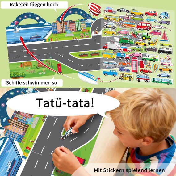 Elfew 2 Stück 3D Stickerbuch Wiederverwendbar für 2-4 Jährige, Puffy Sticker Kinder für Mädchen Jungen, 100+ Puffy Aufkleber Fahrzeuge und Bagger Kinder 2 Jahre, Geschenk 2 Jahre Junge