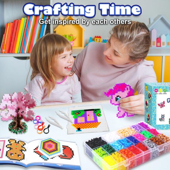 FUNZBO Bügelperlen-Set, 5200 Stück, 5 mm, 24 Farben, 66 Muster, Oster-Bastelspielzeug für Mädchen im Alter von 8–12 Jahren, Kunsthandwerk für Kinder im Alter von 6–8 Jahren, Geschenke für Mädchen und