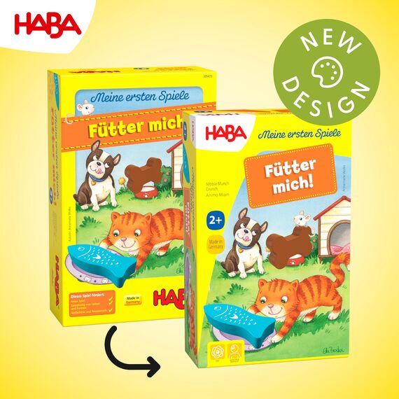 HABA Meine ersten Spiele - Fütter Mich Zuordnungsspiel ab 2 Jahren für 1-5 Spieler mit 5 Holzfiguren zum Thema Haustiere, Spieldauer 5 min, vermittelt Regelverständnis an Kleinkinder