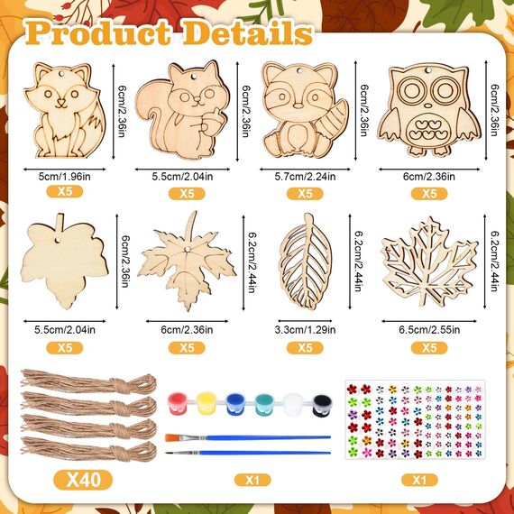 Aragallant 40STK Herbst Basteln fur Kinder, Holz Bastelset Herbst, Mit 4 Stilen Herbst Blätter Deko und Tier Deko, DIY Holz Fensterbilder Basteln für Kinder, Geschenke für Mädchen Jungen Kleinkinder
