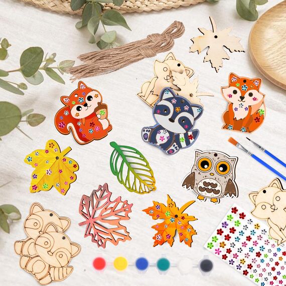 Aragallant 40STK Herbst Basteln fur Kinder, Holz Bastelset Herbst, Mit 4 Stilen Herbst Blätter Deko und Tier Deko, DIY Holz Fensterbilder Basteln für Kinder, Geschenke für Mädchen Jungen Kleinkinder