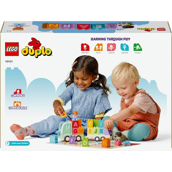 LEGO DUPLO Town ABC-Lastwagen, Lernspielzeug für Kleinkinder ab 2 Jahren, ABC-LKW-Spielzeug mit Anhänger und Buchstaben-Steinen, plus Figuren eines Jungen und eines Mädchens, Geschenk für Kinder 10421