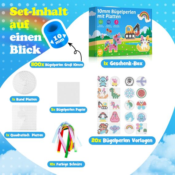 Bügelperlen Set Groß 10mm - Komplettset mit 2 Bügelplatten, Vorlagen für Kinder ab 3 Jahre - Extra Große Perlen für Kleinkinder