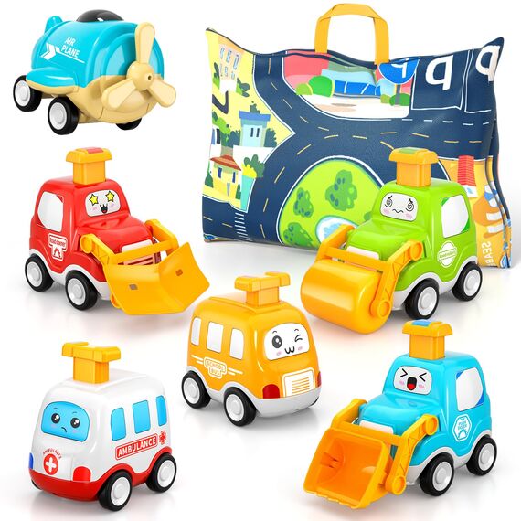 Spielzeugautos zum Zurückziehen für Kleinkinder, Autospielzeug für 1 jährige Jungen, 6 teiliges Autospielzeug, mit Spielmatten Aufbewahrung Spielzeugautos, Geschenke für 1 2 3 jährige Jungen Mädchen