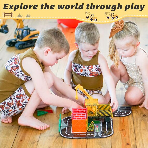 Kinderspiele Magnetische Bausteine Straßenset mit ausfahrbarem Magnetkran, Stadt Bauspielzeug für Kleinkinder Vorschulspielzeug Alter 4-6 5-7, Geschenke für Jungen Mädchen ab 3 Jahren Kinderspielzeug