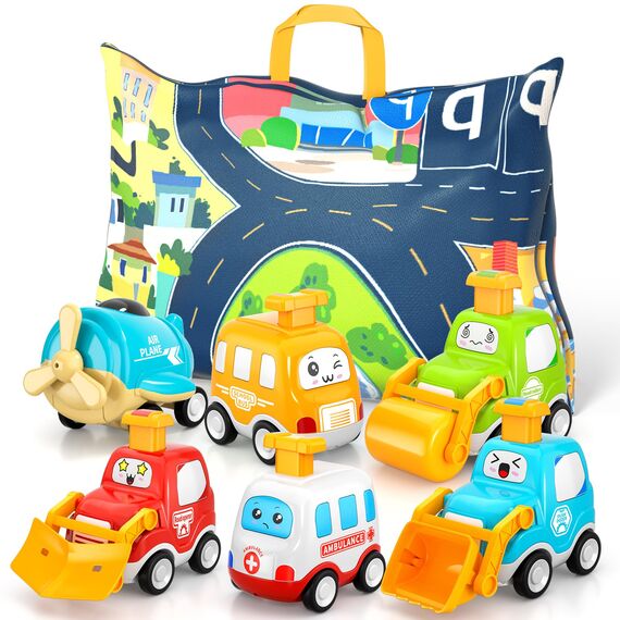 Spielzeugautos zum Zurückziehen für Kleinkinder, Autospielzeug für 1 jährige Jungen, 6 teiliges Autospielzeug, mit Spielmatten Aufbewahrung Spielzeugautos, Geschenke für 1 2 3 jährige Jungen Mädchen