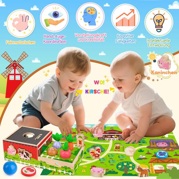 Montessori Spielzeug ab 1 2 Jahr: Geschenk Junge Mädchen 1-2 Jahre Kinderspielzeug Motorikwürfel Holzspielzeug Farmspiel mit Karte Karotten Steckspiel Lernspiel Kleinkinder ab 12 Monate Activity Spiel