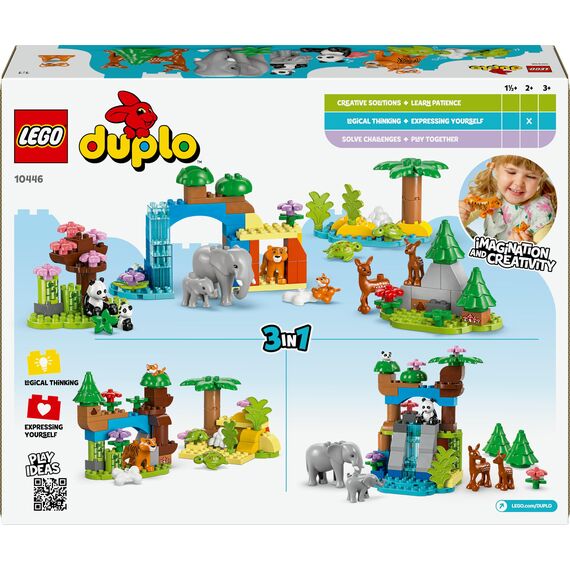 LEGO DUPLO Town Wildtier-Familien 3-in-1 Set - Lernspielzeug für Kleinkinder mit Tierfiguren - Montessori Spielzeug ab 2 Jahren mit Schildkröte, Tiger, Elefant, Hirsch & Panda Figuren - Geschenk 10446