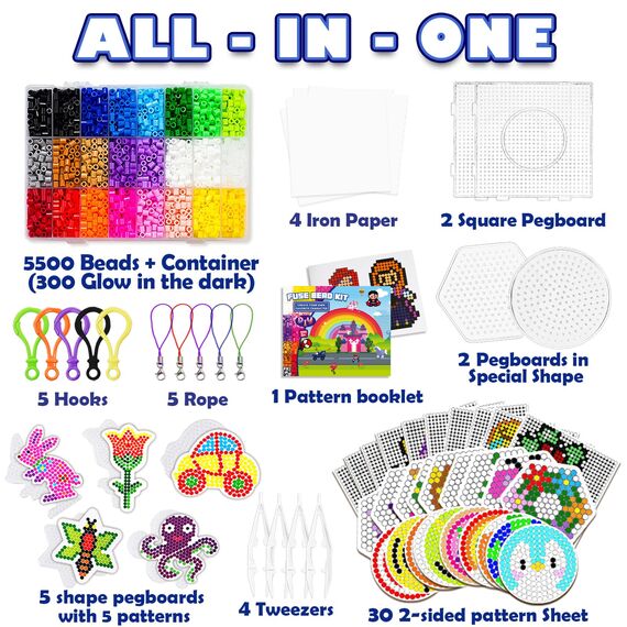 FunzBo Bügelperlen set 5mm mit Bügelperlen Platten Vorlagen Schablonen Steckperlen in 24 Farbe 111 Muster Weihnachten Geburtstage Weihnachten Geschenke 6 7 8 9 10 Jahre Mädchen Kinder