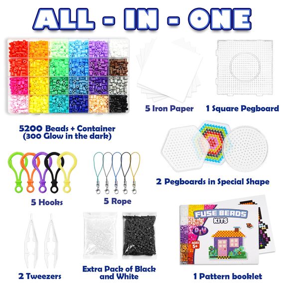 FUNZBO Bügelperlen-Set, 5200 Stück, 5 mm, 24 Farben, 66 Muster, Oster-Bastelspielzeug für Mädchen im Alter von 8–12 Jahren, Kunsthandwerk für Kinder im Alter von 6–8 Jahren, Geschenke für Mädchen und