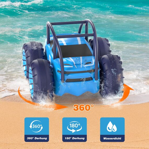 MaxTronic Direktladung Ferngesteuertes Auto mit LED Licht, Amphibien Wasserdichter RC Stunt Auto 360° Flips, 4WD 15KM/H Offroad 2.4G MonsterTruck Spielzeug Mädche Jungen für Kinder ab 3 Jahren