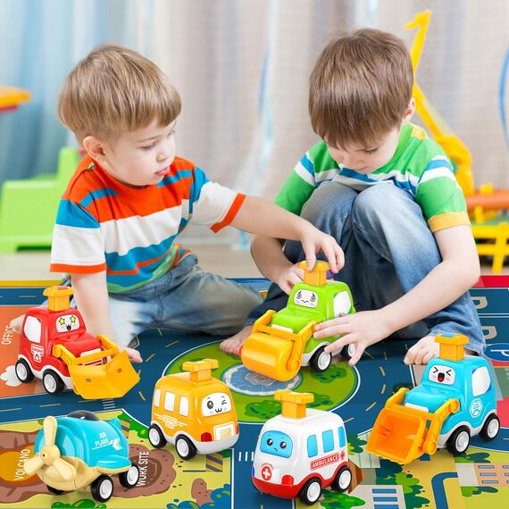 Spielzeugautos zum Zurückziehen für Kleinkinder, Autospielzeug für 1 jährige Jungen, 6 teiliges Autospielzeug, mit Spielmatten Aufbewahrung Spielzeugautos, Geschenke für 1 2 3 jährige Jungen Mädchen