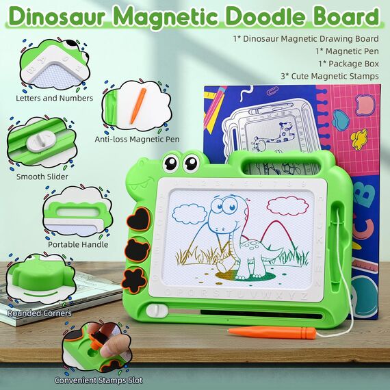 AiTuiTui Dinosaurier Maltafel Zaubertafel Kinderspiele Geschenk Mädchen Jungen, Bunt Magnetische Zeichenbrett Lernspielzeug ab 3-7 Jahre, Magnettafel Reisegröße Kinder Spielzeug (Grün)