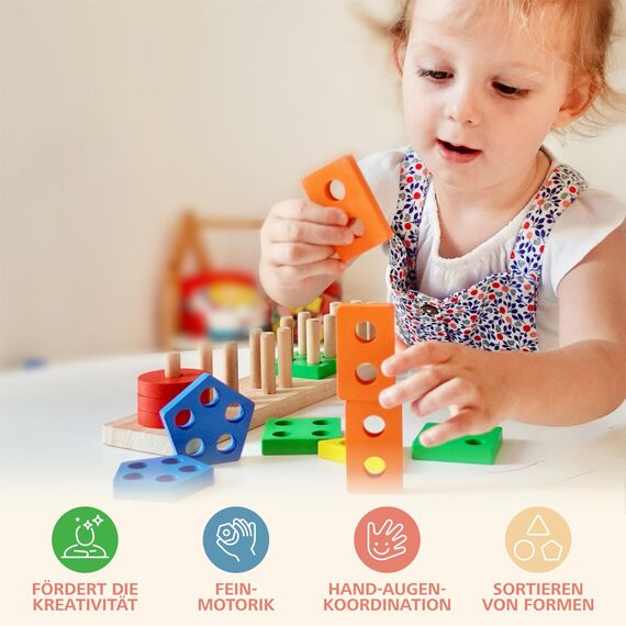 Sweety Fox Montessori Spielzeug ab 1 Jahr - Holz Sortier & Stapelspielzeug, 1 2 3 Jahre -Aktivitäts & Entwicklungsspielzeug aus Holz - Montessori - Lernspielzeug für Kleinkinder