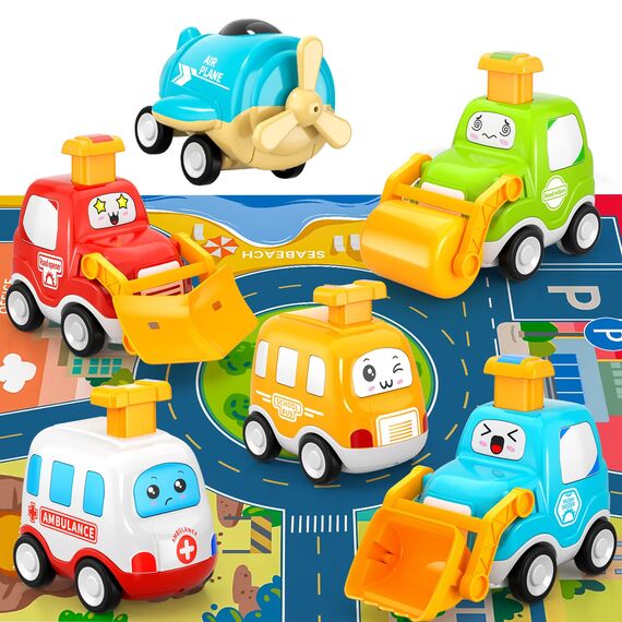 Spielzeugautos zum Zurückziehen für Kleinkinder, Autospielzeug für 1 jährige Jungen, 6 teiliges Autospielzeug, mit Spielmatten Aufbewahrung Spielzeugautos, Geschenke für 1 2 3 jährige Jungen Mädchen