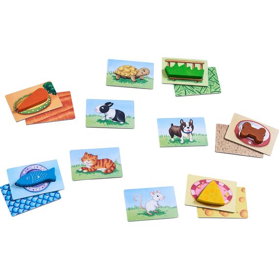 HABA Meine ersten Spiele - Fütter Mich Zuordnungsspiel ab 2 Jahren für 1-5 Spieler mit 5 Holzfiguren zum Thema Haustiere, Spieldauer 5 min, vermittelt Regelverständnis an Kleinkinder