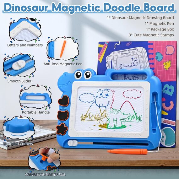 AiTuiTui Dinosaurier Maltafel Zaubertafel Kinderspiele Geschenk Mädchen Jungen, Bunt Magnetische Zeichenbrett Lernspielzeug ab 3-7 Jahre, Magnettafel Reisegröße Kinder Spielzeug (Blau)