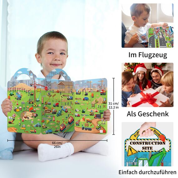 Elfew 2 Stück 3D Stickerbuch Wiederverwendbar für 2-4 Jährige, Puffy Sticker Kinder für Mädchen Jungen, 100+ Puffy Aufkleber Fahrzeuge und Bagger Kinder 2 Jahre, Geschenk 2 Jahre Junge