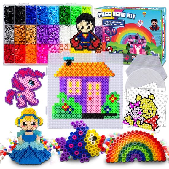 FunzBo Bügelperlen set 5mm mit Bügelperlen Platten Vorlagen Schablonen Steckperlen in 24 Farbe 111 Muster Weihnachten Geburtstage Weihnachten Geschenke 6 7 8 9 10 Jahre Mädchen Kinder